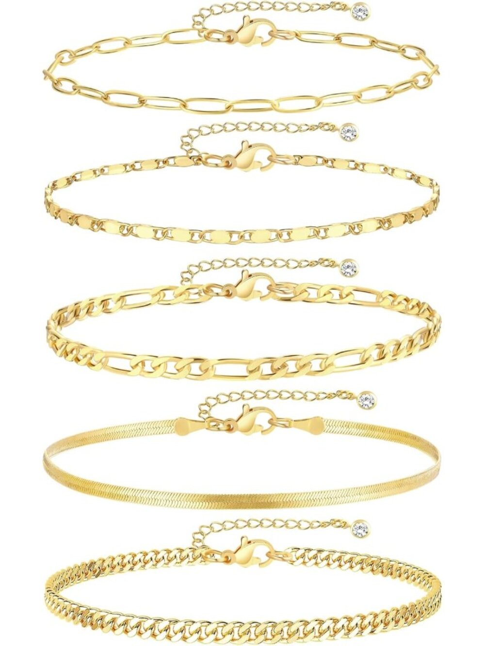 Waterproof Gold Ankle Bracelets Set - 5 Layered Cuban Link Anklets for Women